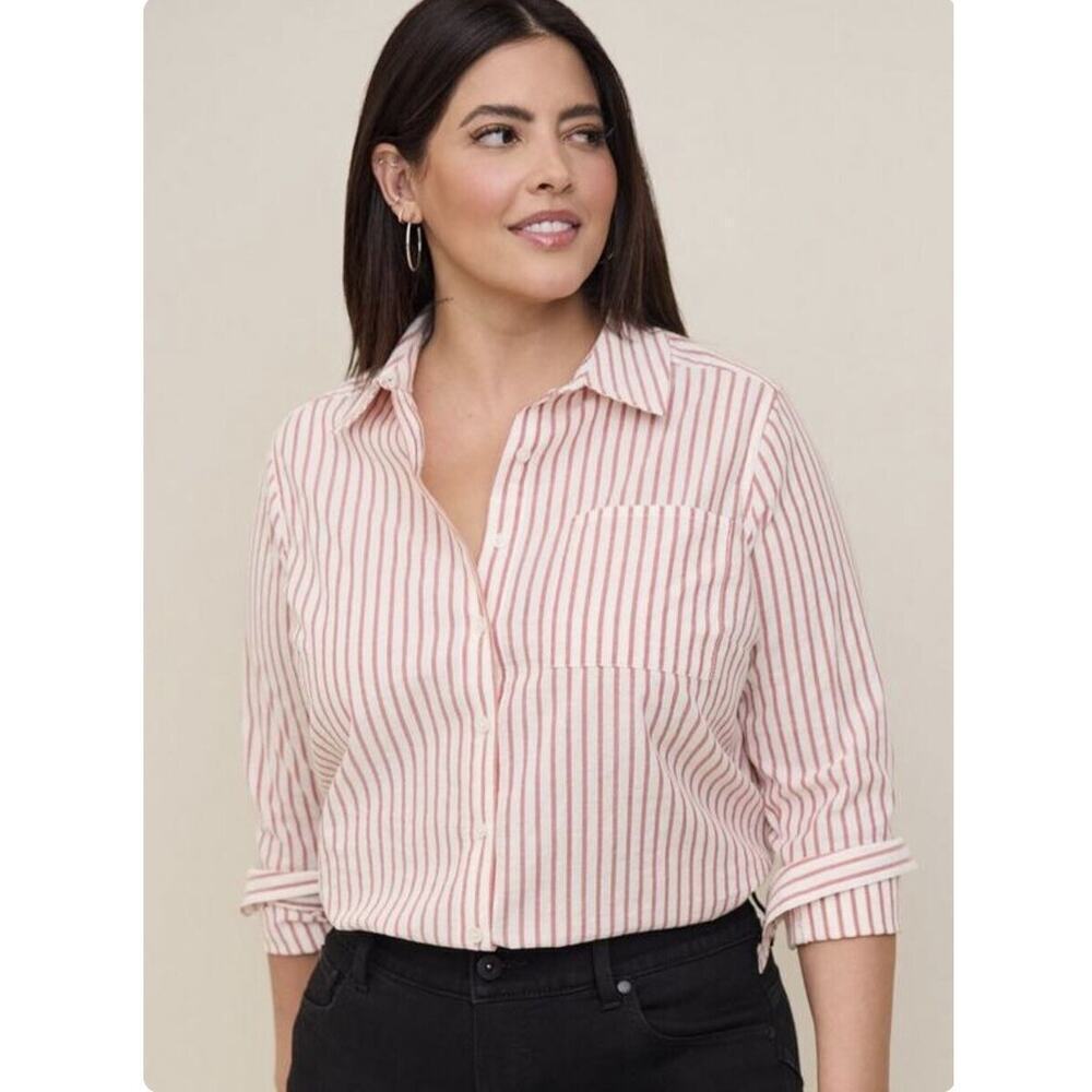 Torrid Lizzie Cotton Button-Up Long Sleeve Shirt Pink White Size 1x